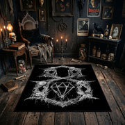 Pentagram Goat Skull Area Rug shown in a candlelit dark room