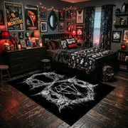 Pentagram Goat Skull Area Rug displayed beside a decorated bed