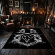 Pentagram Goat Skull Area Rug centered in a moody living room