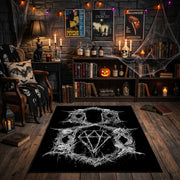 Pentagram Goat Skull Area Rug front view near a fireplace