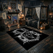 Pentagram Goat Skull Area Rug angled view with dark furniture