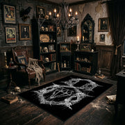 Pentagram Goat Skull Area Rug shown with vintage gothic decor