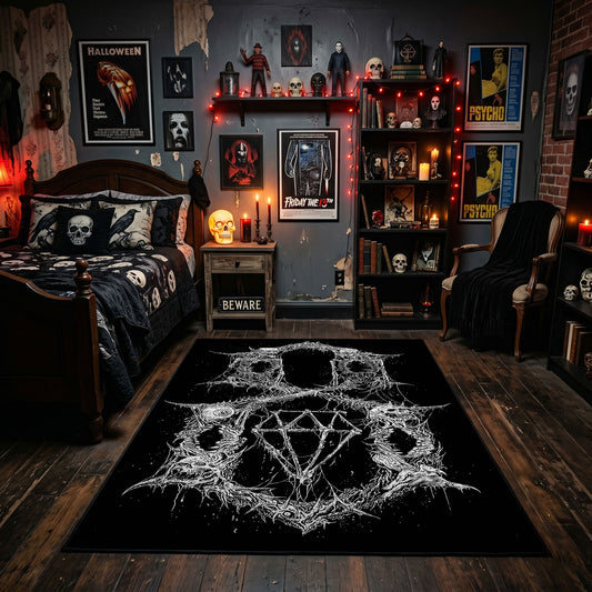 Pentagram Goat Skull Area Rug displayed beneath framed wall art