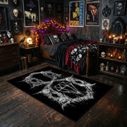 Pentagram Goat Skull Area Rug styled with red Halloween accents