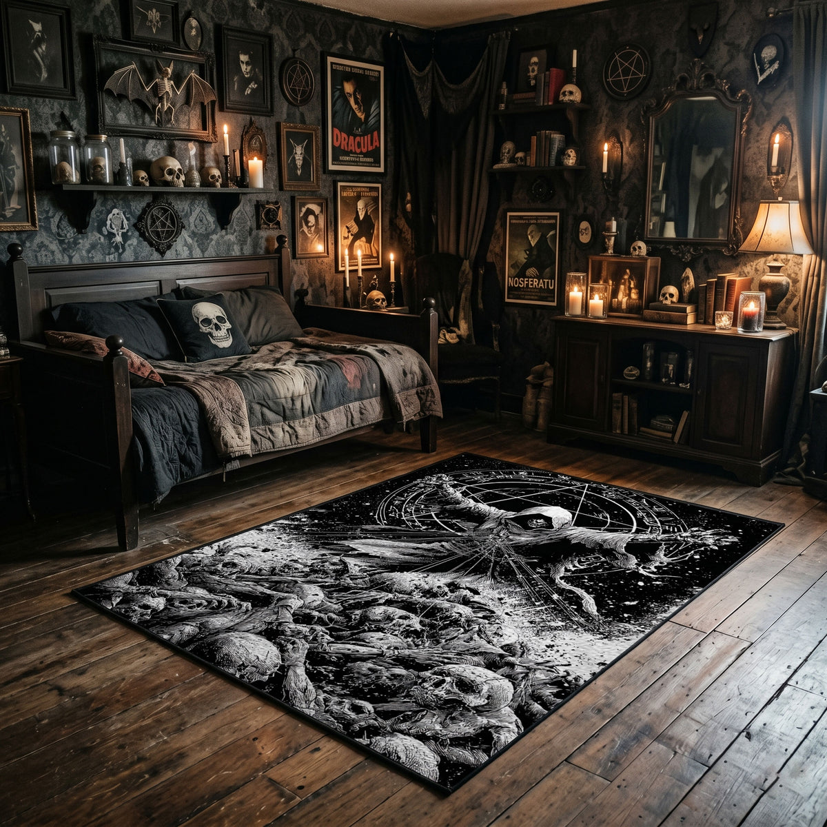 Tentacled Sea Monster Area Rug wide room view with spooky decor