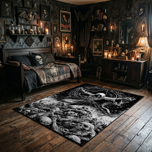 Tentacled Sea Monster Area Rug wide room view with spooky decor