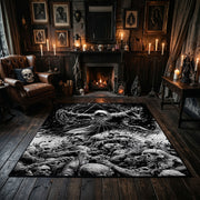 Tentacled Sea Monster Area Rug centered in a moody living room