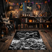 Tentacled Sea Monster Area Rug front view near a fireplace