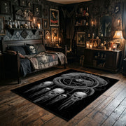 Skull Dreamcatcher Area Rug wide room view with spooky decor