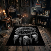 Skull Dreamcatcher Area Rug shown in a candlelit dark room