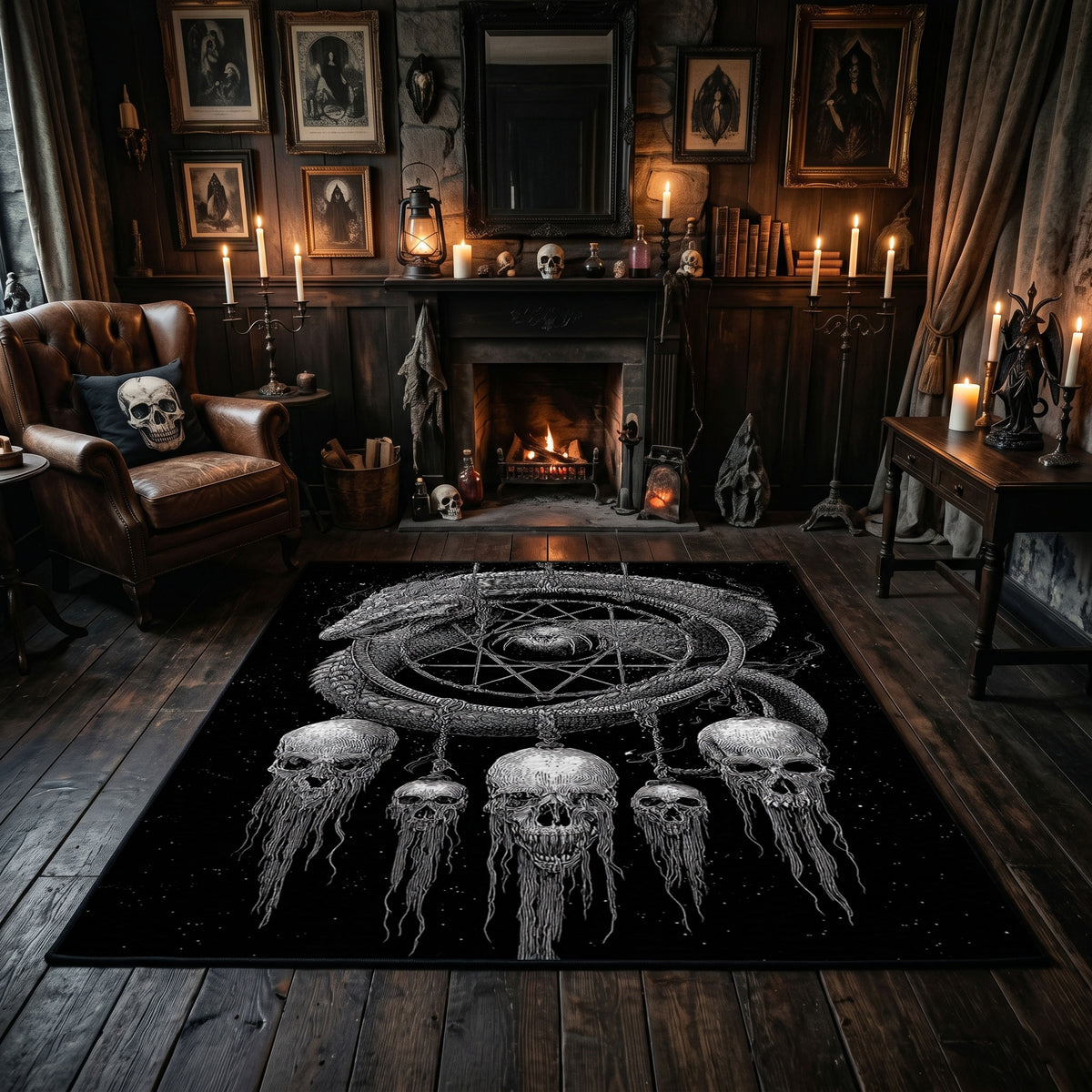 Skull Dreamcatcher Area Rug centered in a moody living room