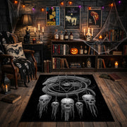 Skull Dreamcatcher Area Rug front view near a fireplace