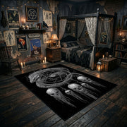 Skull Dreamcatcher Area Rug angled view with dark furniture
