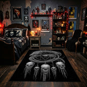 Skull Dreamcatcher Area Rug displayed beneath framed wall art