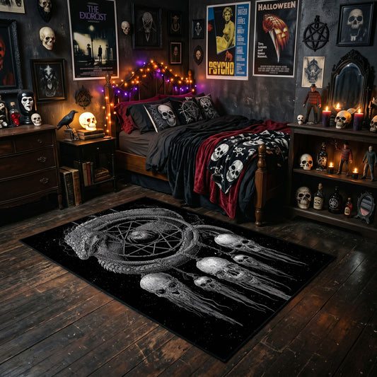 Skull Dreamcatcher Area Rug styled with red Halloween accents