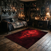 Red Occult Serpent Sigil Area Rug wide room view with spooky decor