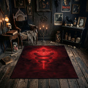Red Occult Serpent Sigil Area Rug shown in a candlelit dark room