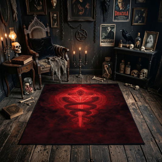 Red Occult Serpent Sigil Area Rug shown in a candlelit dark room