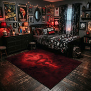 Red Occult Serpent Sigil Area Rug displayed beside a decorated bed