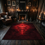 Red Occult Serpent Sigil Area Rug centered in a moody living room