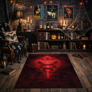 Red Occult Serpent Sigil Area Rug front view near a fireplace