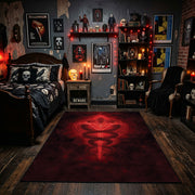 Red Occult Serpent Sigil Area Rug displayed beneath framed wall art