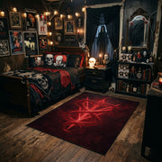 Red Inverted Pentagram Area Rug styled in a gothic bedroom