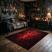 Red Inverted Pentagram Area Rug wide room view with spooky decor