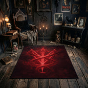 Red Inverted Pentagram Area Rug shown in a candlelit dark room