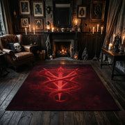 Red Inverted Pentagram Area Rug centered in a moody living room