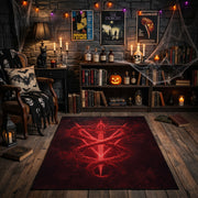 Red Inverted Pentagram Area Rug front view near a fireplace