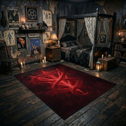 Red Inverted Pentagram Area Rug angled view with dark furniture