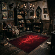 Red Inverted Pentagram Area Rug shown with vintage gothic decor