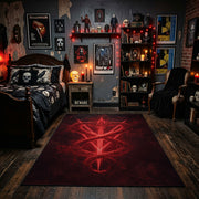 Red Inverted Pentagram Area Rug displayed beneath framed wall art