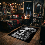 Mushroom Skull Totem Area Rug styled in a gothic bedroom