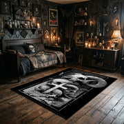 Mushroom Skull Totem Area Rug wide room view with spooky decor