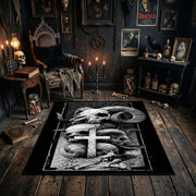 Mushroom Skull Totem Area Rug shown in a candlelit dark room