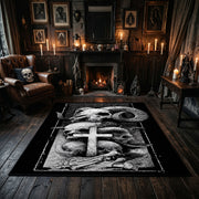 Mushroom Skull Totem Area Rug centered in a moody living room