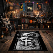 Mushroom Skull Totem Area Rug front view near a fireplace