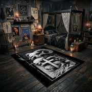 Mushroom Skull Totem Area Rug angled view with dark furniture