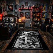 Mushroom Skull Totem Area Rug displayed beneath framed wall art