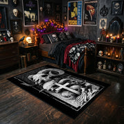 Mushroom Skull Totem Area Rug styled with red Halloween accents