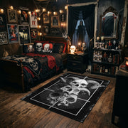 Stacked Skull Cross Area Rug styled in a gothic bedroom