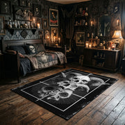 Stacked Skull Cross Area Rug wide room view with spooky decor