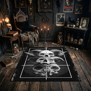 Stacked Skull Cross Area Rug shown in a candlelit dark room