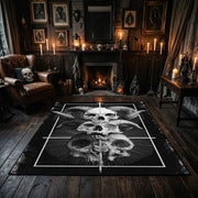 Stacked Skull Cross Area Rug centered in a moody living room