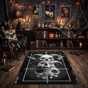Stacked Skull Cross Area Rug front view near a fireplace