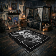 Stacked Skull Cross Area Rug angled view with dark furniture