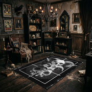 Stacked Skull Cross Area Rug shown with vintage gothic decor