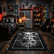 Stacked Skull Cross Area Rug displayed beneath framed wall art